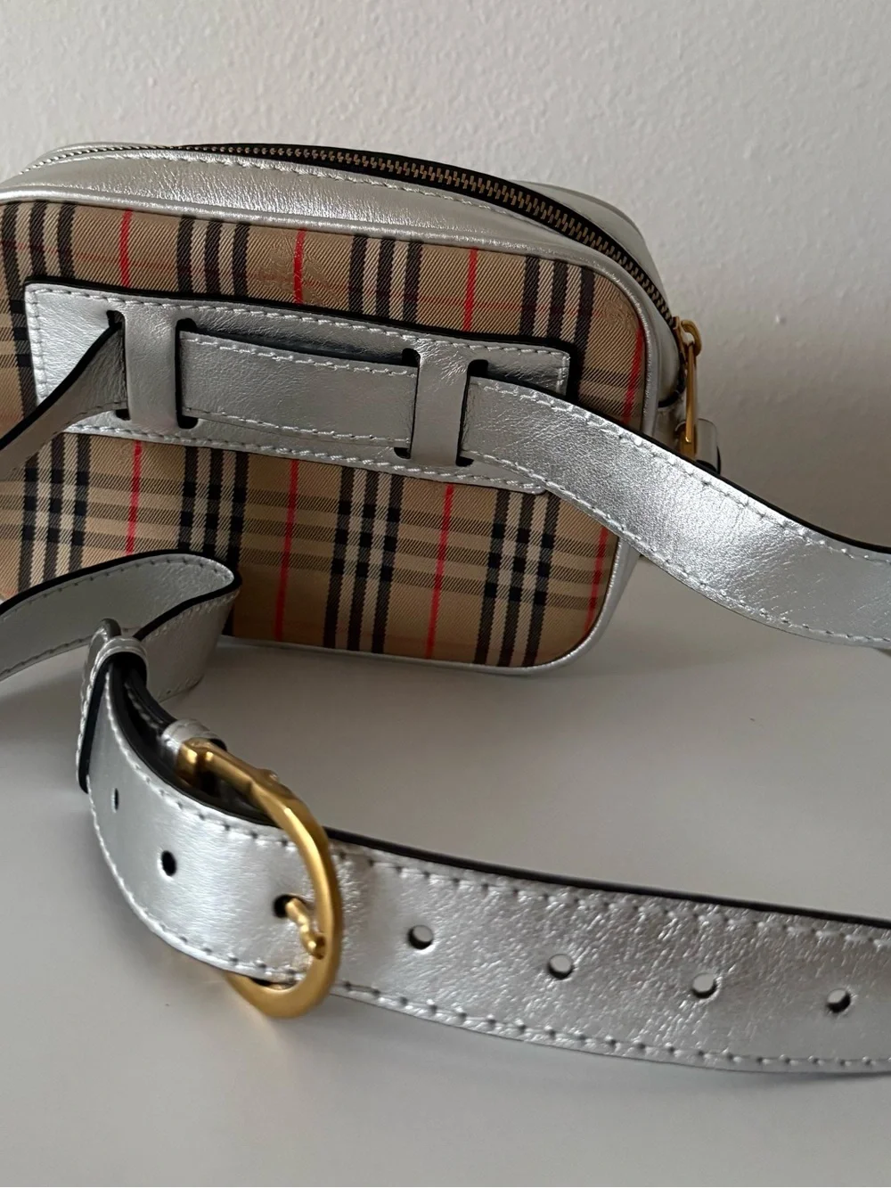 Burberry vintage check belt bag silver leather trim .